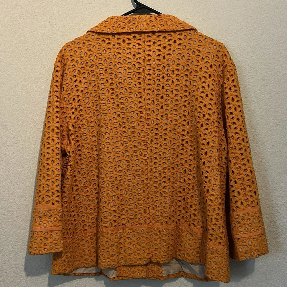 Chico's Orange Blossom‎ 3 Eyelet Linen Blend Jacket Coat Collared Floral Bright